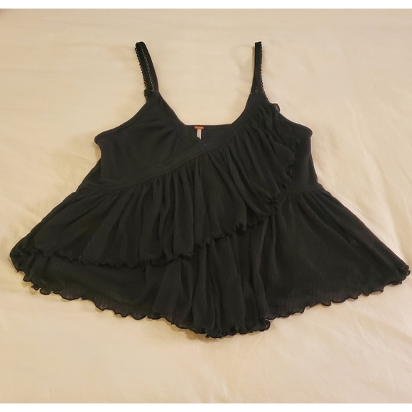 Free People Black Melbourne Tank Top Medium Ruffle Layered Loose Spaghetti Strap - Picture 3 of 4